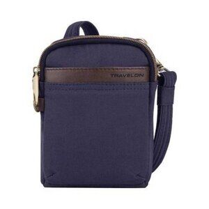 Travelon Small Navy Blue Crossbody Travel Bag with Brown Trim